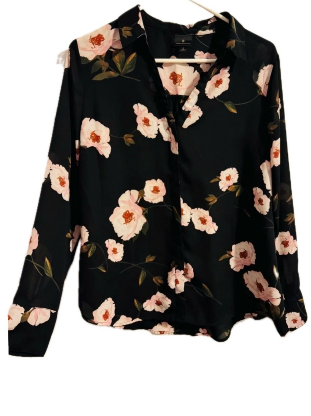 Semi-Sheer Black Blouse w/Pink Blossoms sz M Long Sleeve V-Neck Floral